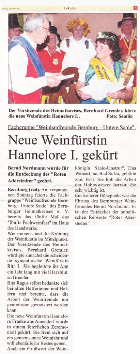 Pressebeitrag Super Sonntag 'Neue Weinf&uuml;rstin Hannelore I. gek&uuml;rt'